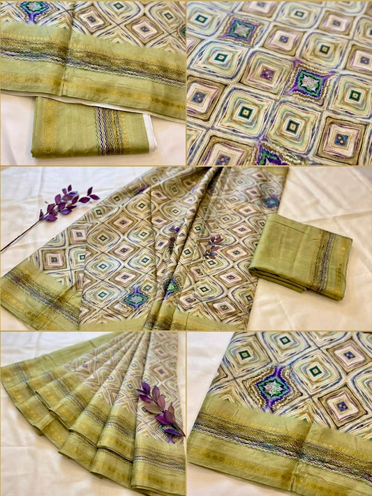 The Avant-Garde Mosaic Silk Saree – Olive & Sage with Abstract Geometric Ikats