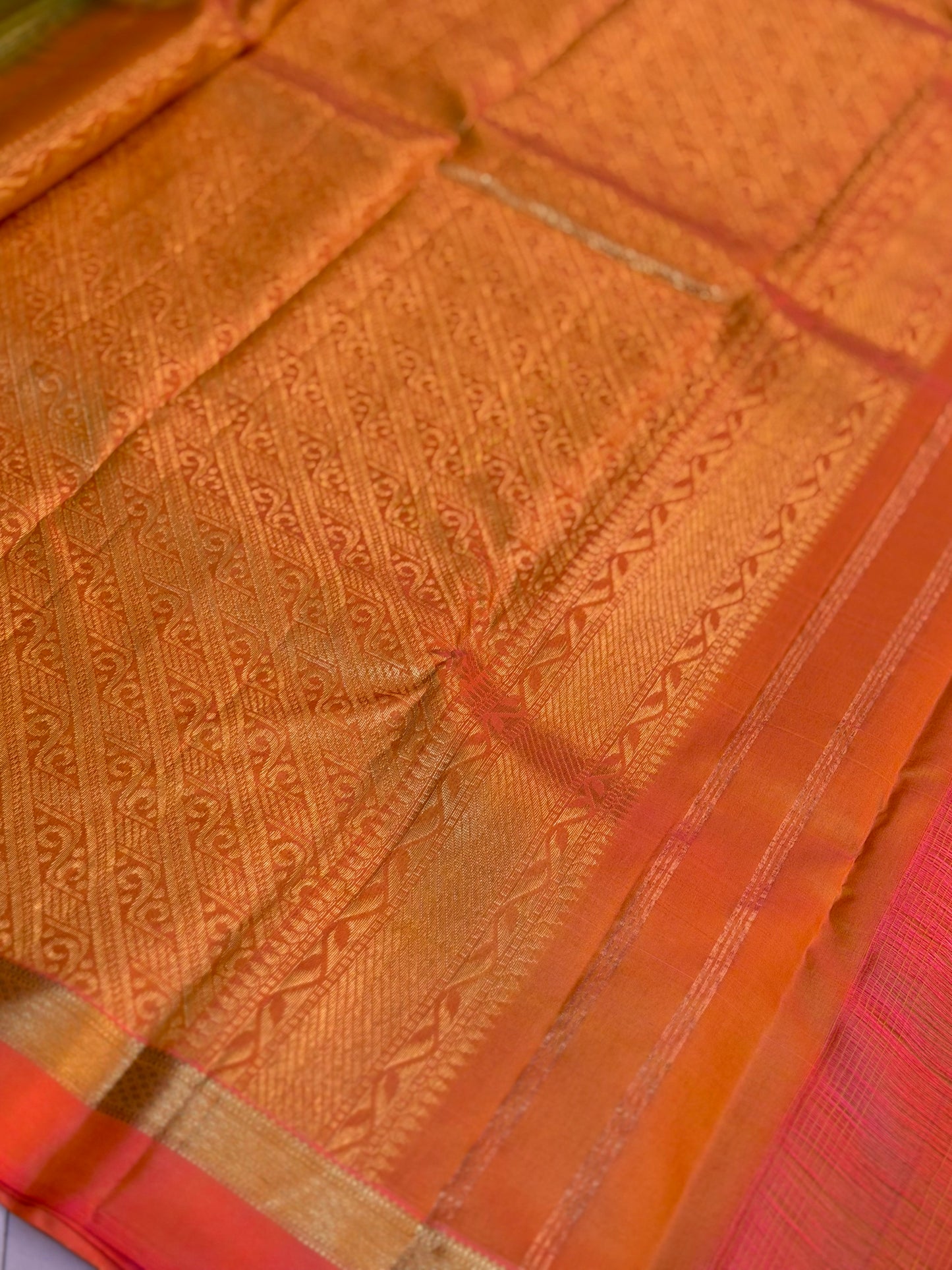 Pure Silk Parrot Green with Coral Pink Zari Border Saree