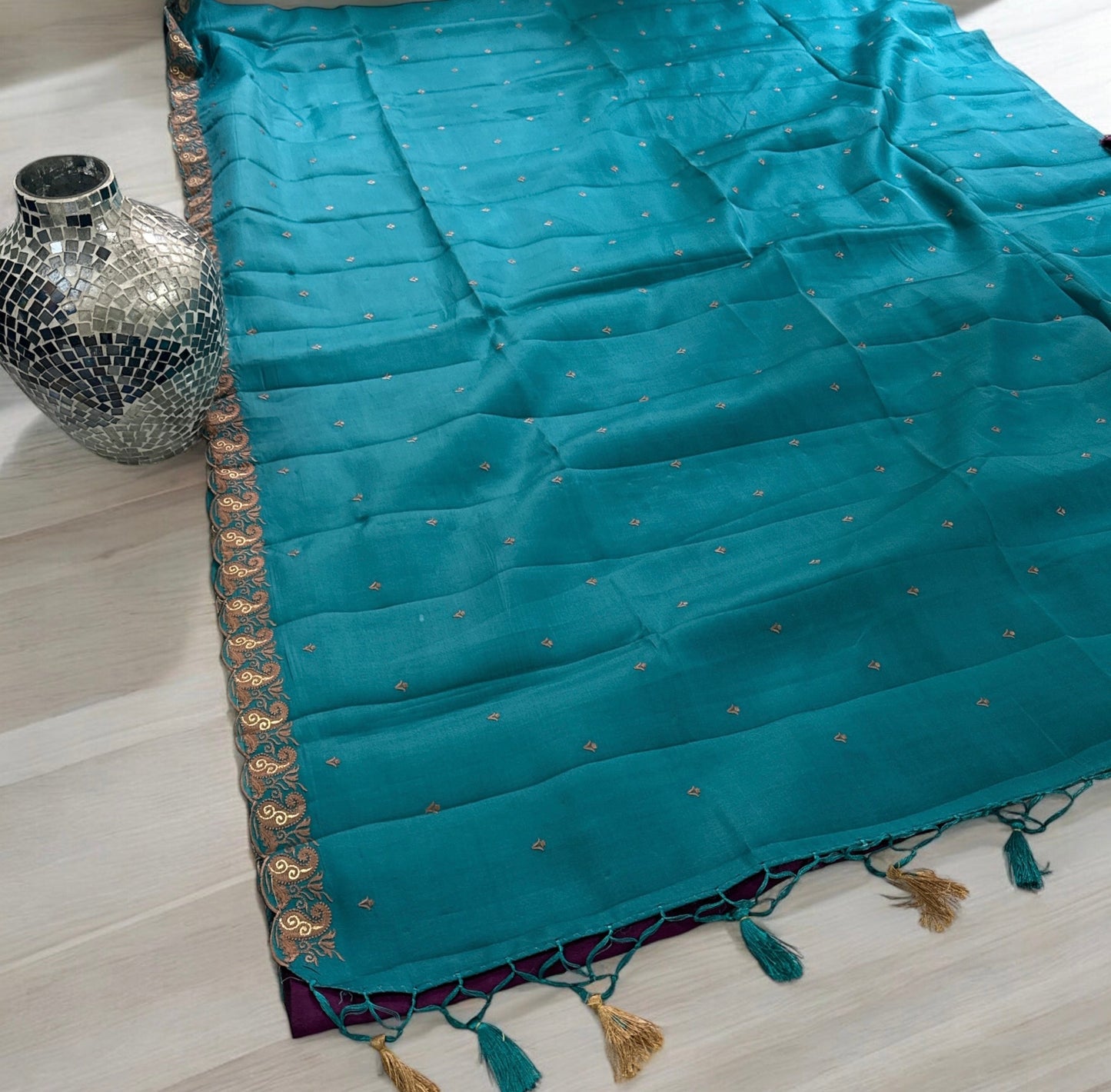 Aqua Raw silk embroidery saree