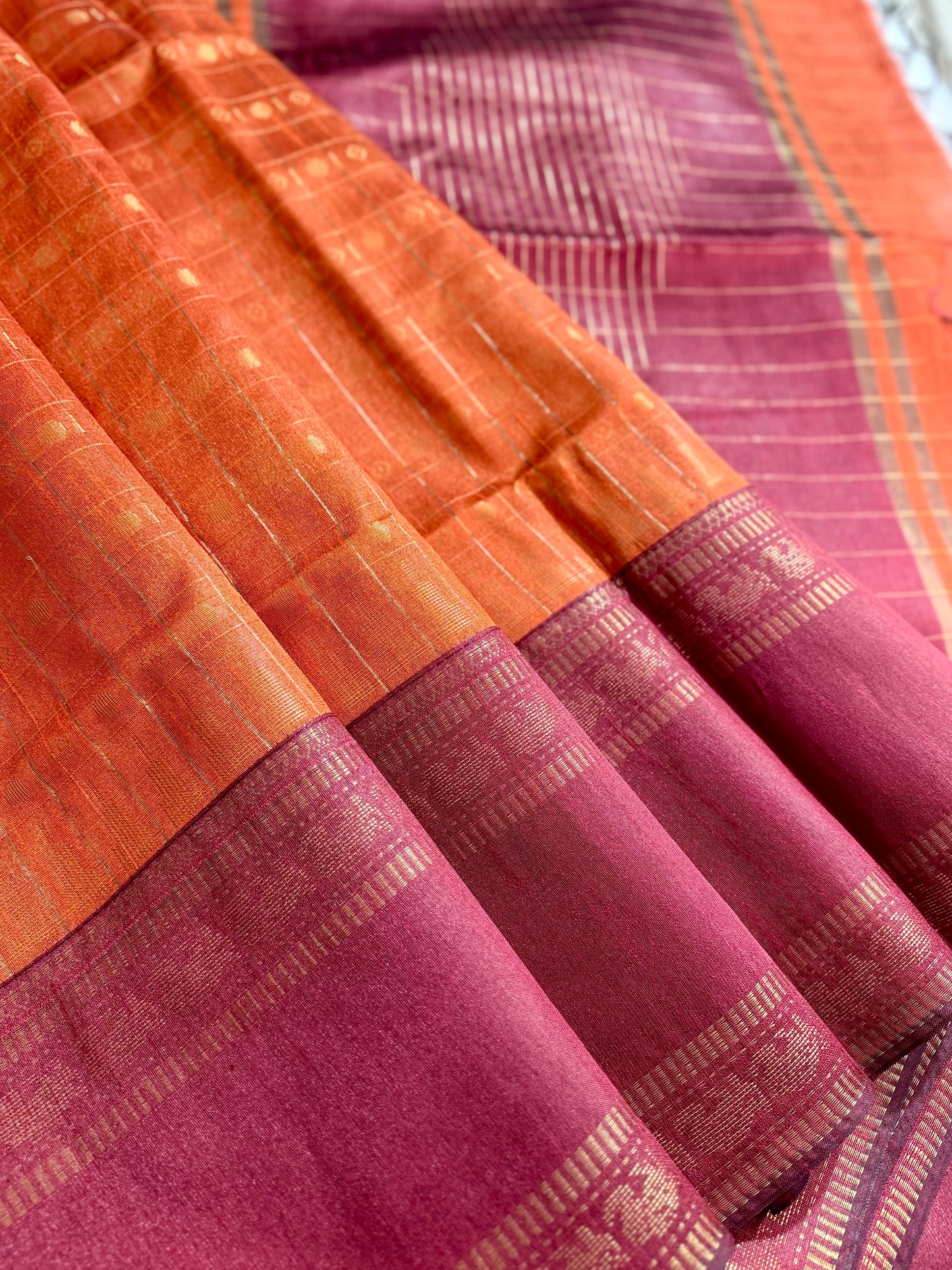 Rust Orange & Maroon Handwoven Tussar Silk Saree