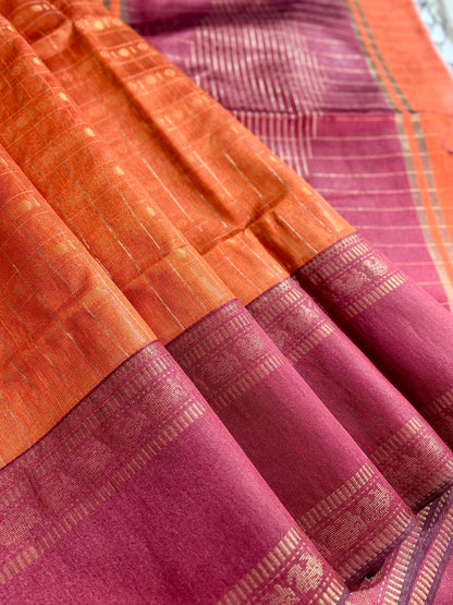 Rust Orange & Maroon Handwoven Tussar Silk Saree