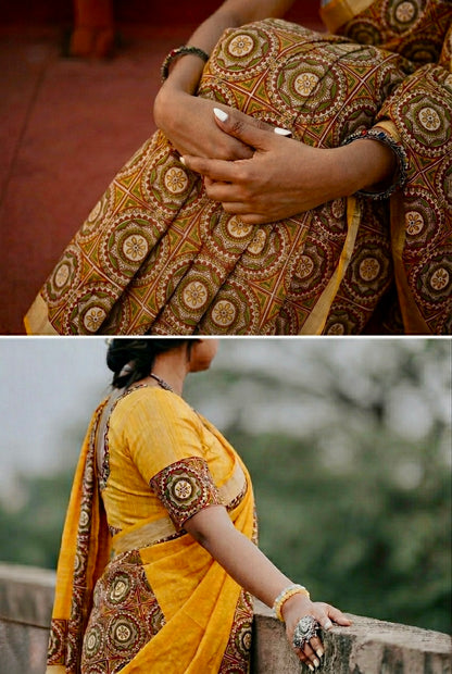 Mustard Partly print cotton saree