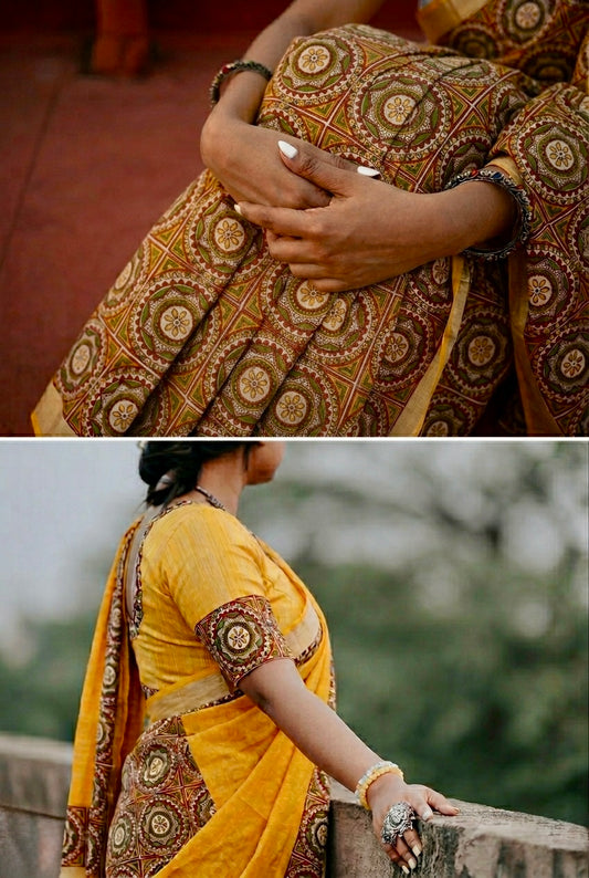 Mustard Partly print cotton saree