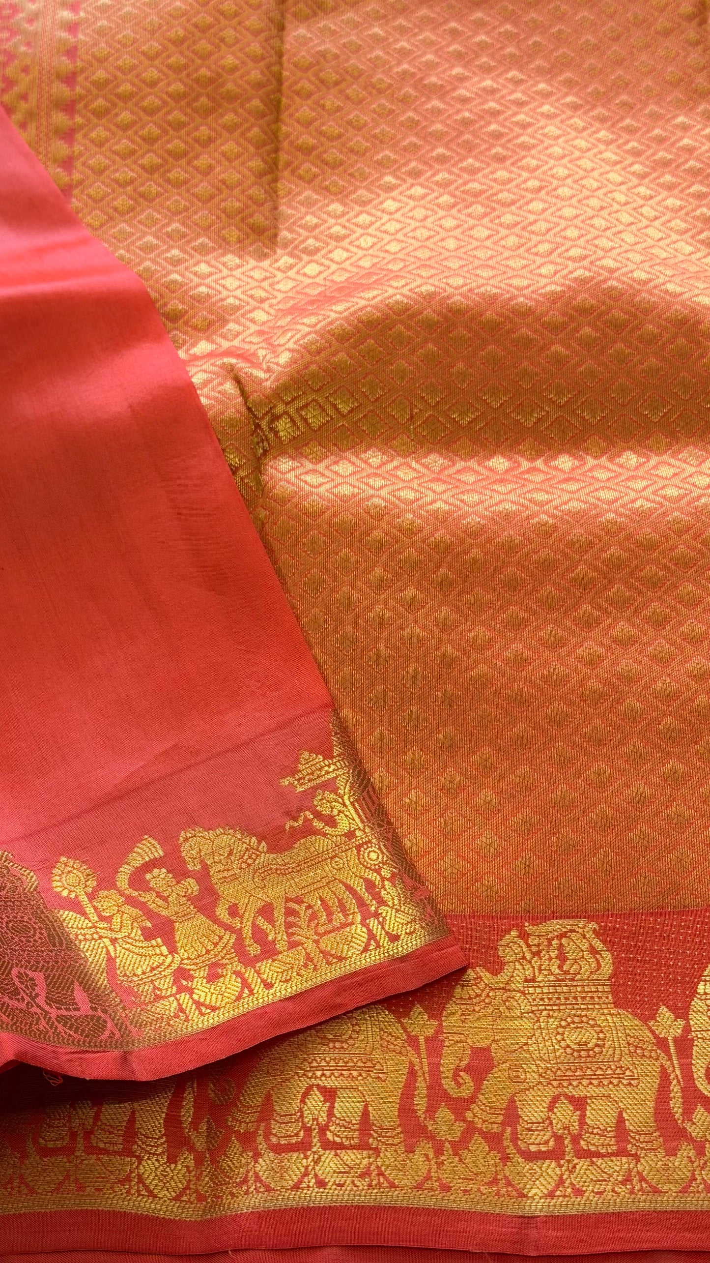 Pure Peach Kanchipuram Silk Saree | Gold Zari Procession Border & Brocade Pallu
