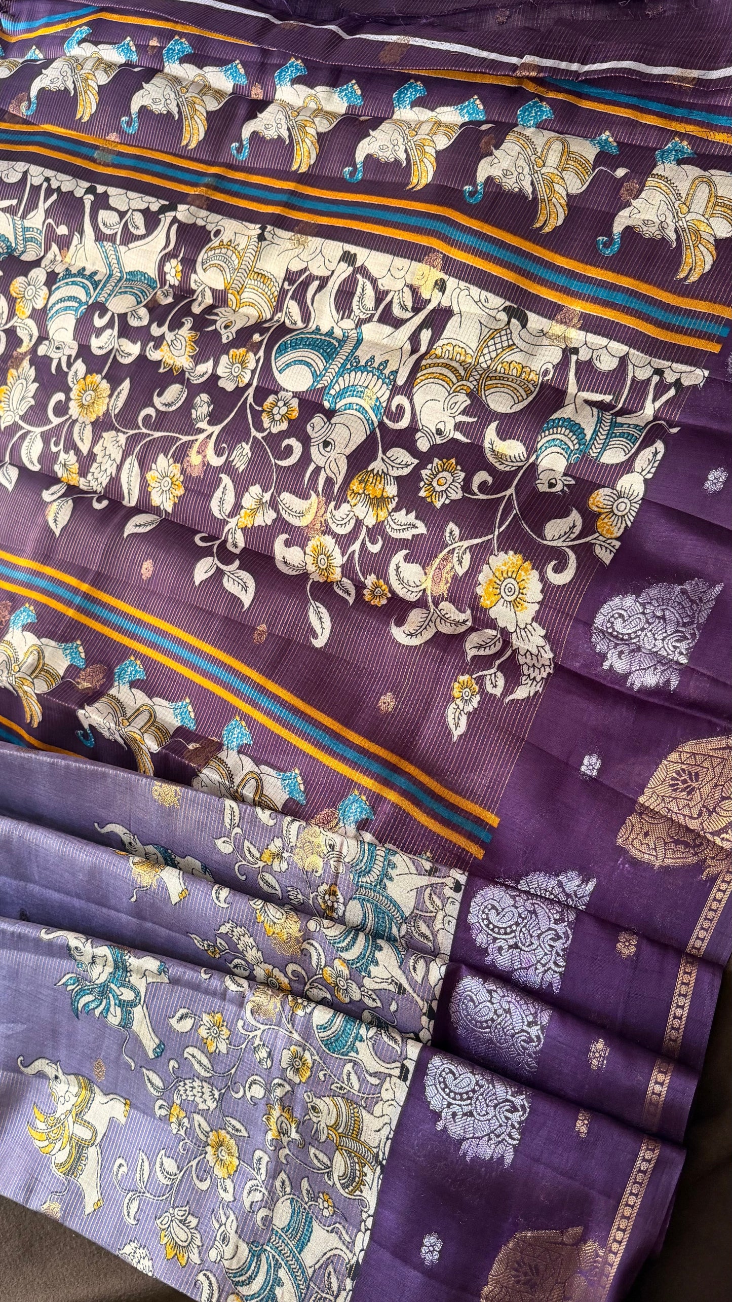 Aura of Artisans: Premium Lavender-Mustard Kalamkari Saree Collection