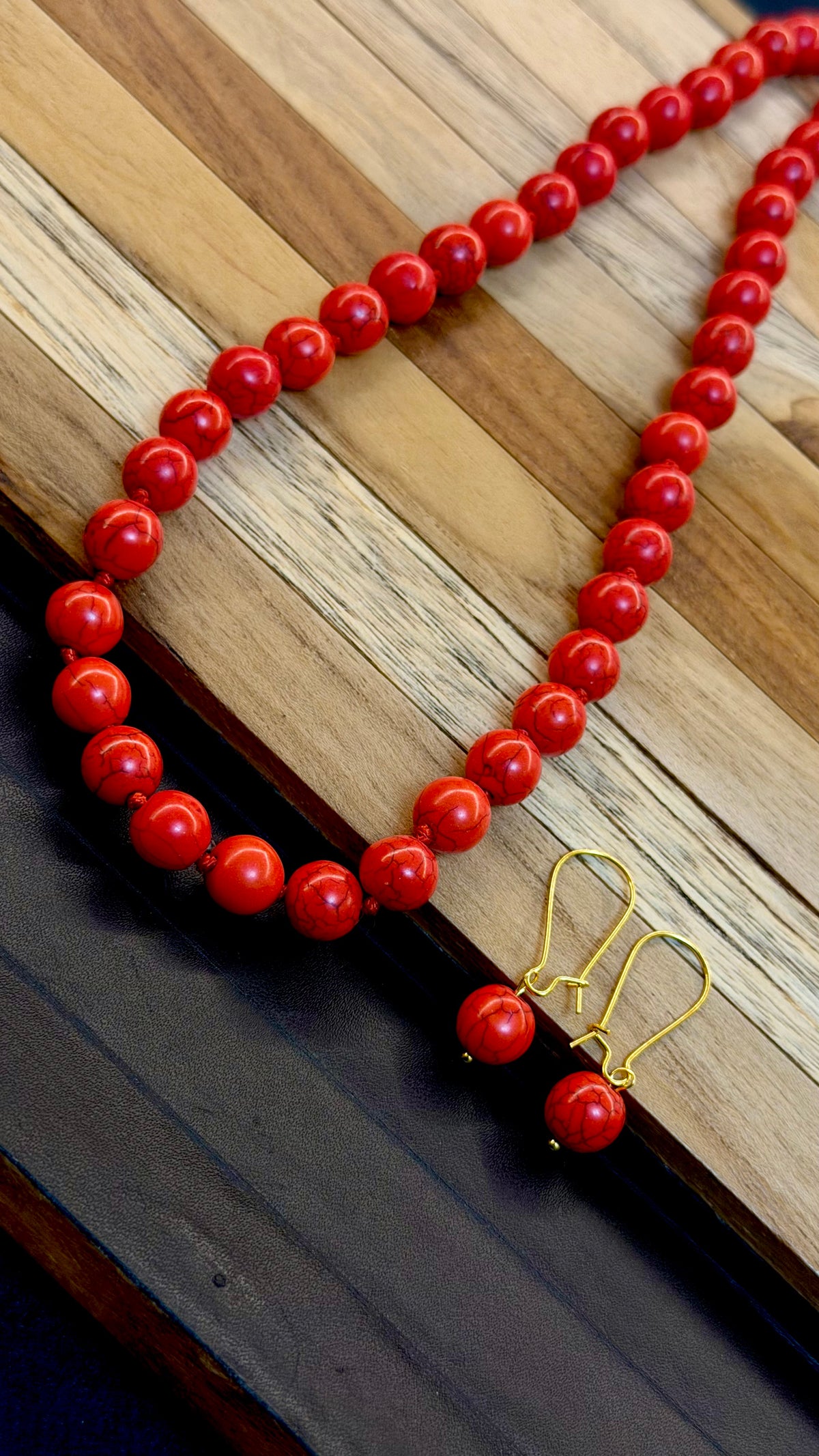 Tibetan Red Coral Bead Necklace Set with Matching Earrings | Hridha