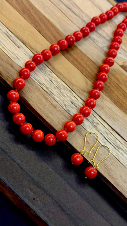 Tibetan Red Coral Bead Necklace Set with Matching Earrings | Hridha