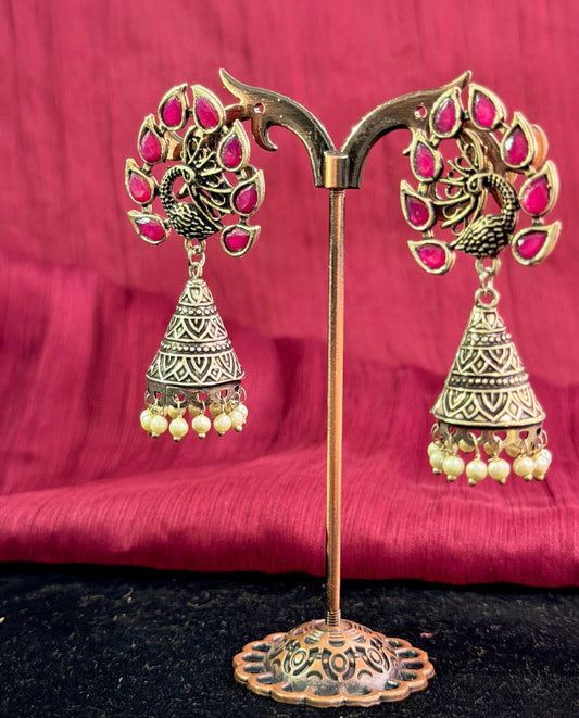 Maroon Peacock Oxidised Jhumkas