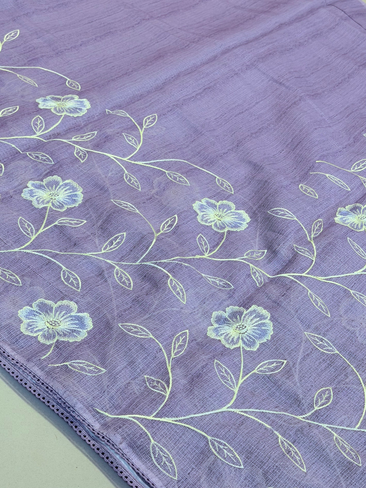Lavender Kota Silk Saree with Floral Embroidery | Hridha