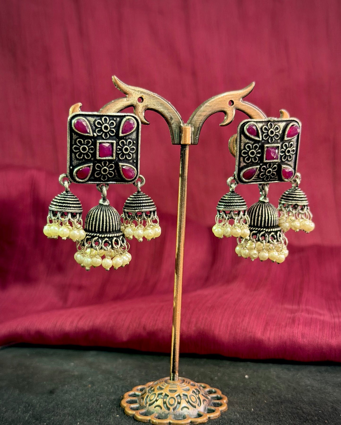 Maroon Oxidised Triple Jhumkas