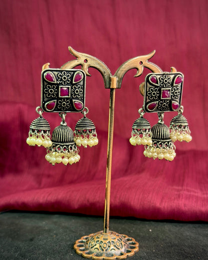 Maroon Oxidised Triple Jhumkas