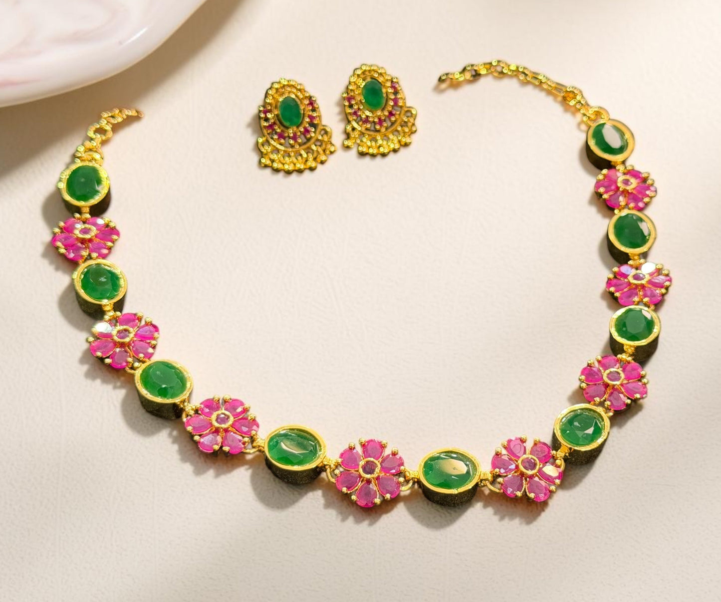 Ruby & Emerald Floral Gold Necklace Set | Hridha