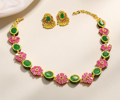 Ruby & Emerald Floral Gold Necklace Set | Hridha