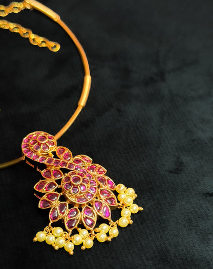 Contemporary Ruby Pink Stone Gold-Plated Pendant Necklace Set with Pearl Jhumkas
