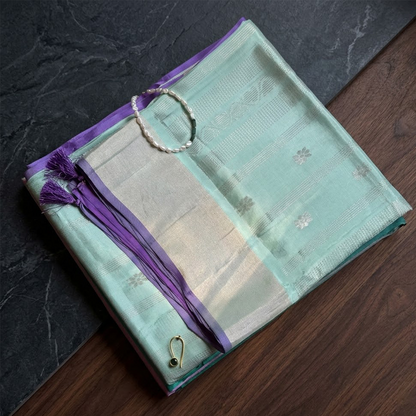 Lavender Frost | Seafoam Green Soft Silk with Royal Purple Zari Pallu