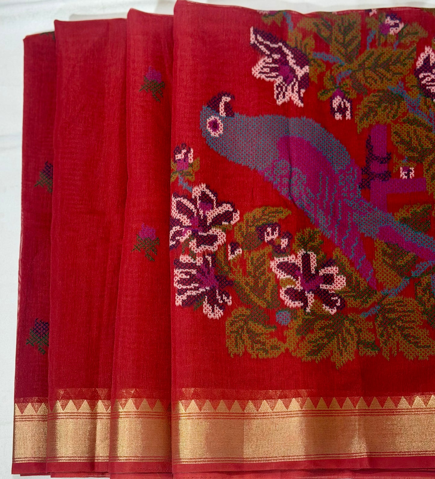 Textured Muga Saree with Woven Parrot Pallu & Temple Zari Border