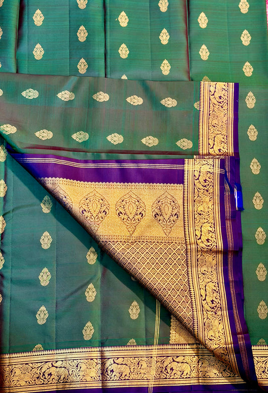 Emerald Green & Purple Pure Silk Saree | Gold Zari Butis & Rich Zari Border