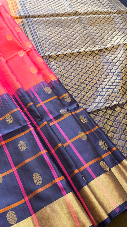 Radiant Rose & Blue: Handwoven Kanjivaram Masterpiece
