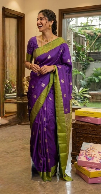 Royal Contrast: Purple & Olive Green Pure Silk Saree