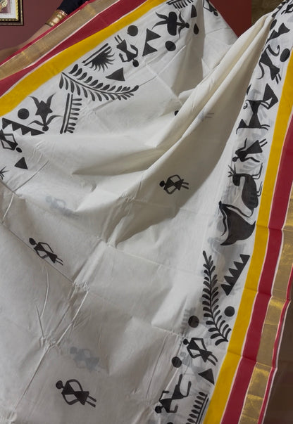Handpainted Kasavu Cotton Saree with Folk Art