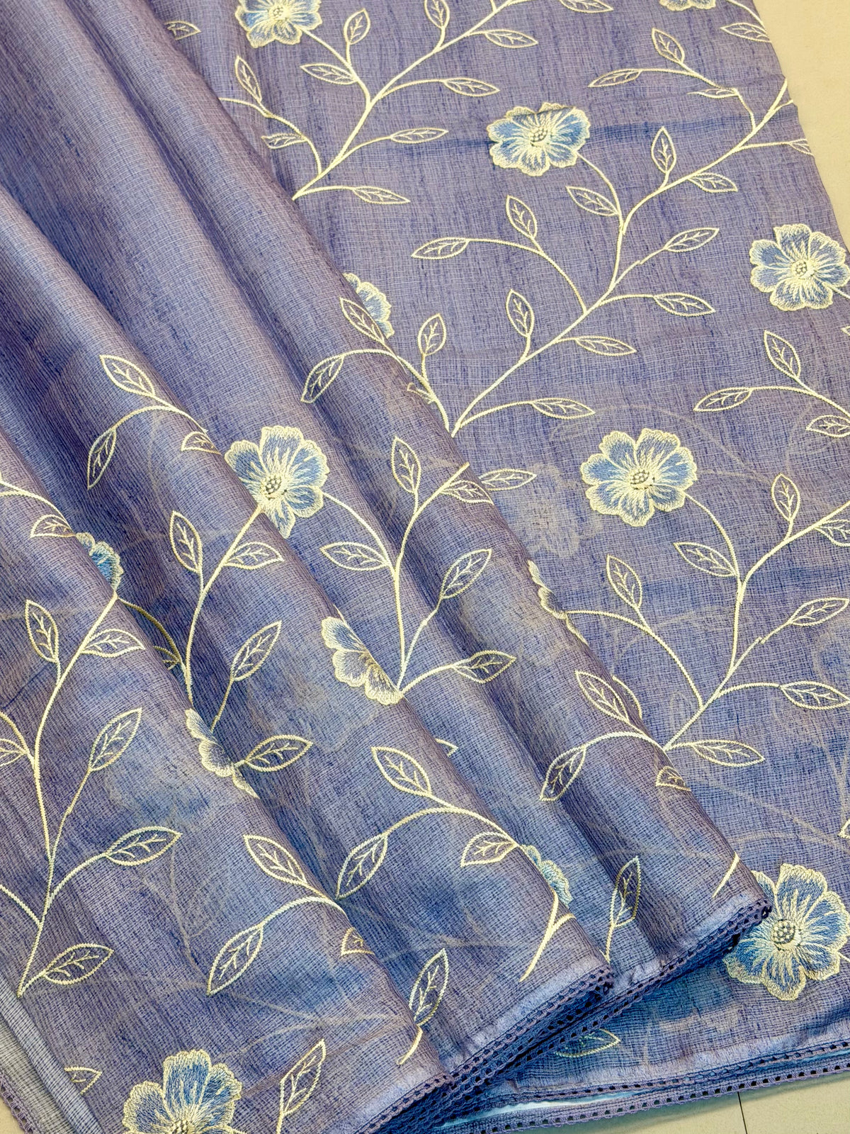 Lavender Kota Silk Saree with Floral Embroidery | Hridha