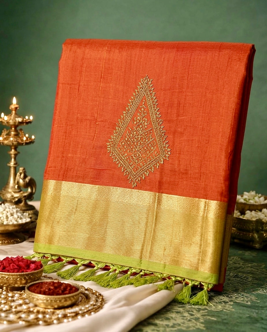 Vibrant Orange Handloom Silk Saree with Contrast Green Pallu & Tassels