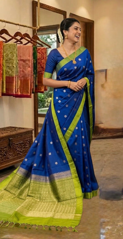 Midnight & Moss: Navy Blue and Olive Green Pure Silk Saree