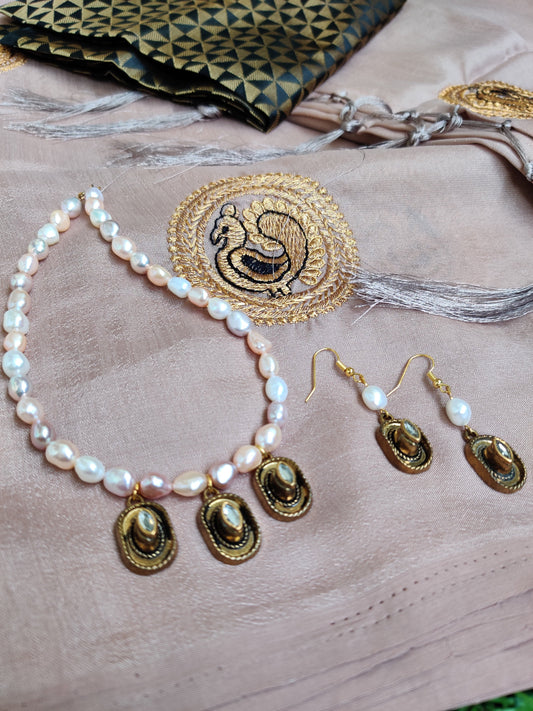 Ash peacock embroidery saree with kundan and pearls set