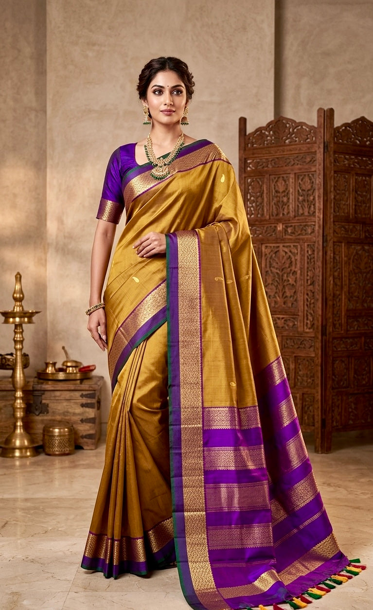 Mridula Mustard & Violet Pure Silk Saree | Traditional Handloom