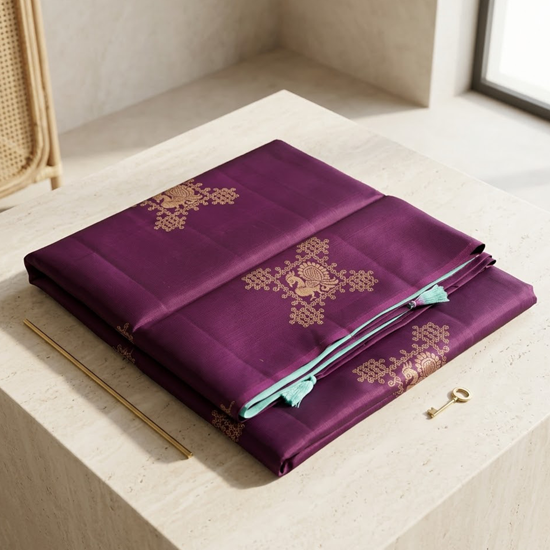 The Velvet Symphony: Wine & Teal Double-Shaded Silk Saree