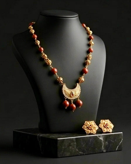Amara Crescent Necklace Set in Red Jasper and Antique Gold