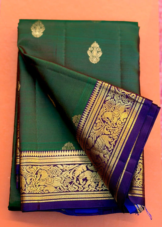 Emerald Green & Purple Pure Silk Saree | Gold Zari Butis & Rich Zari Border