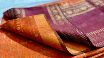 Rust Orange & Maroon Handwoven Tussar Silk Saree