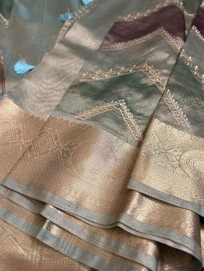 Embroidered Aura Tissue Silk Sarees with Ornate Zari Border