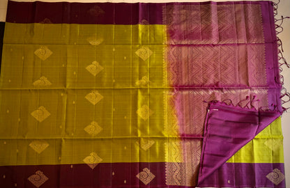Chartreuse Green & Maroon Pure Silk Saree