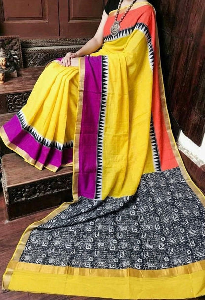 Bright yellow double border cotton saree
