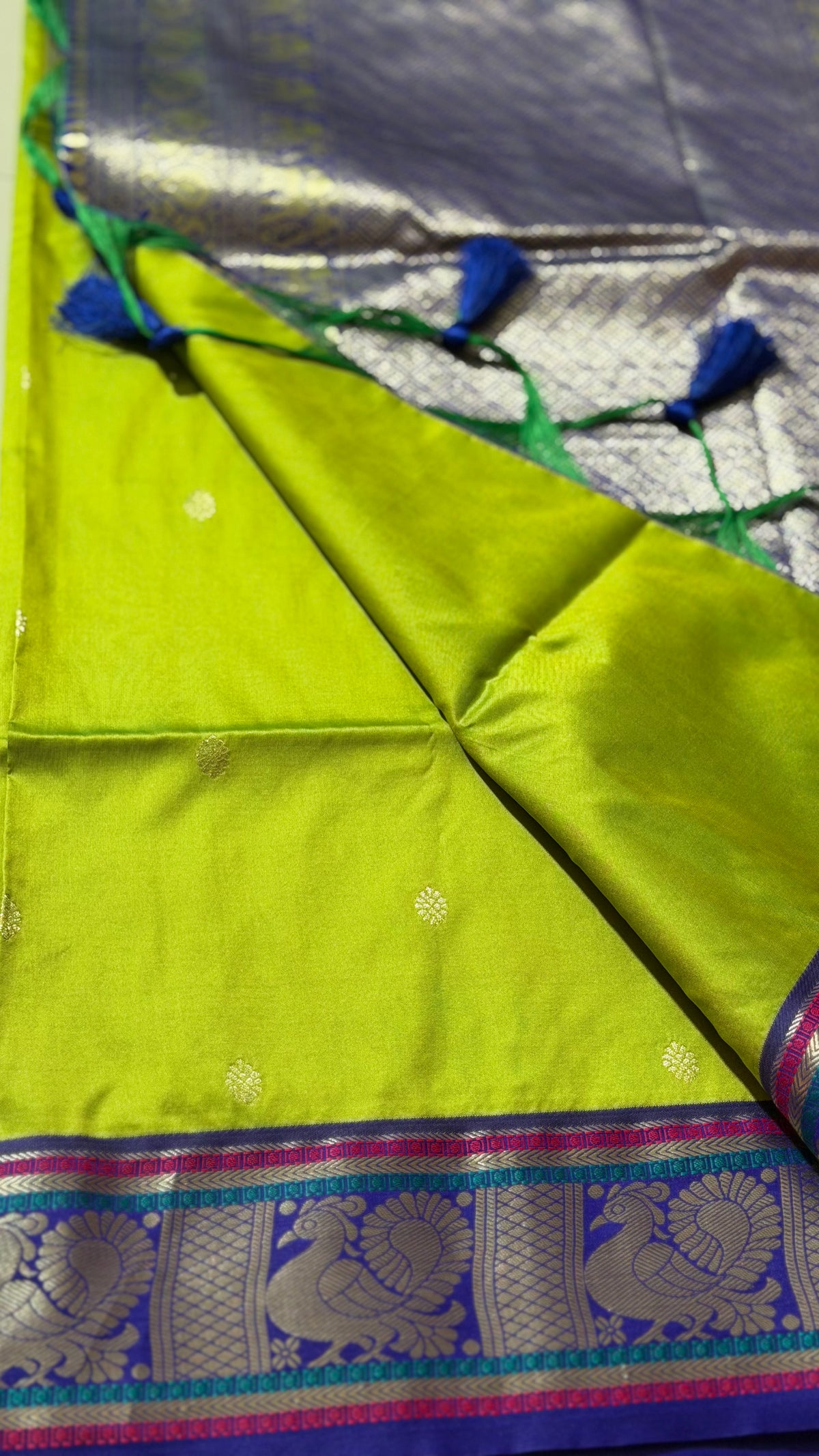 Lime Green Soft Silk Saree with Peacock Zari Pallu & Contrast Border | Hridha