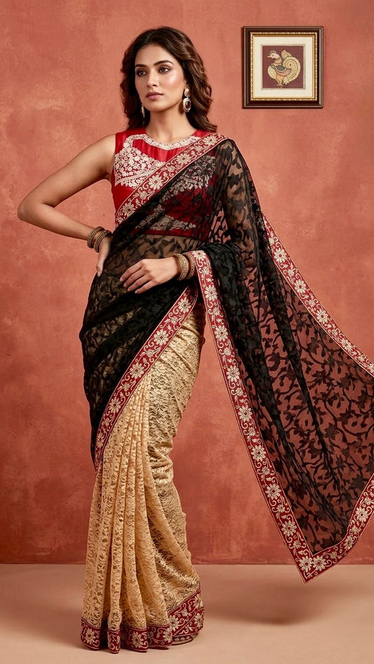 The Noir Lace & Ruby Elegance Saree