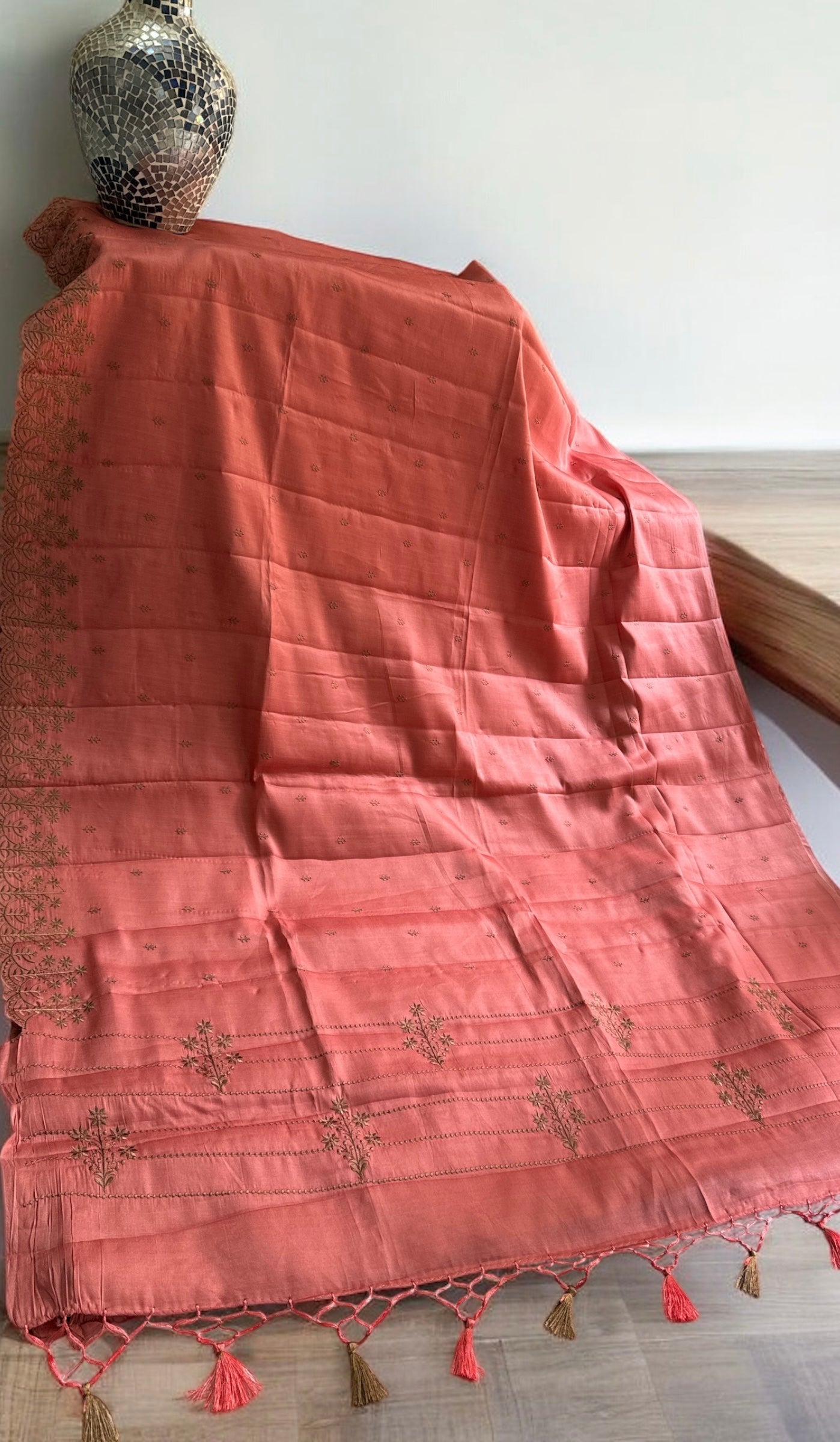 Peach Raw silk embroidery saree