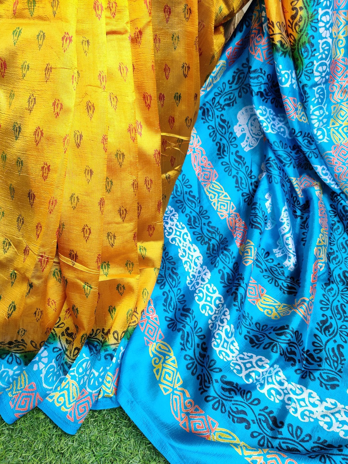 Yellow-blue printed silk