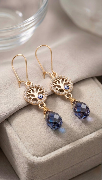 Mystic Arbor Drop Earrings – Tree of Life with Evil Eye