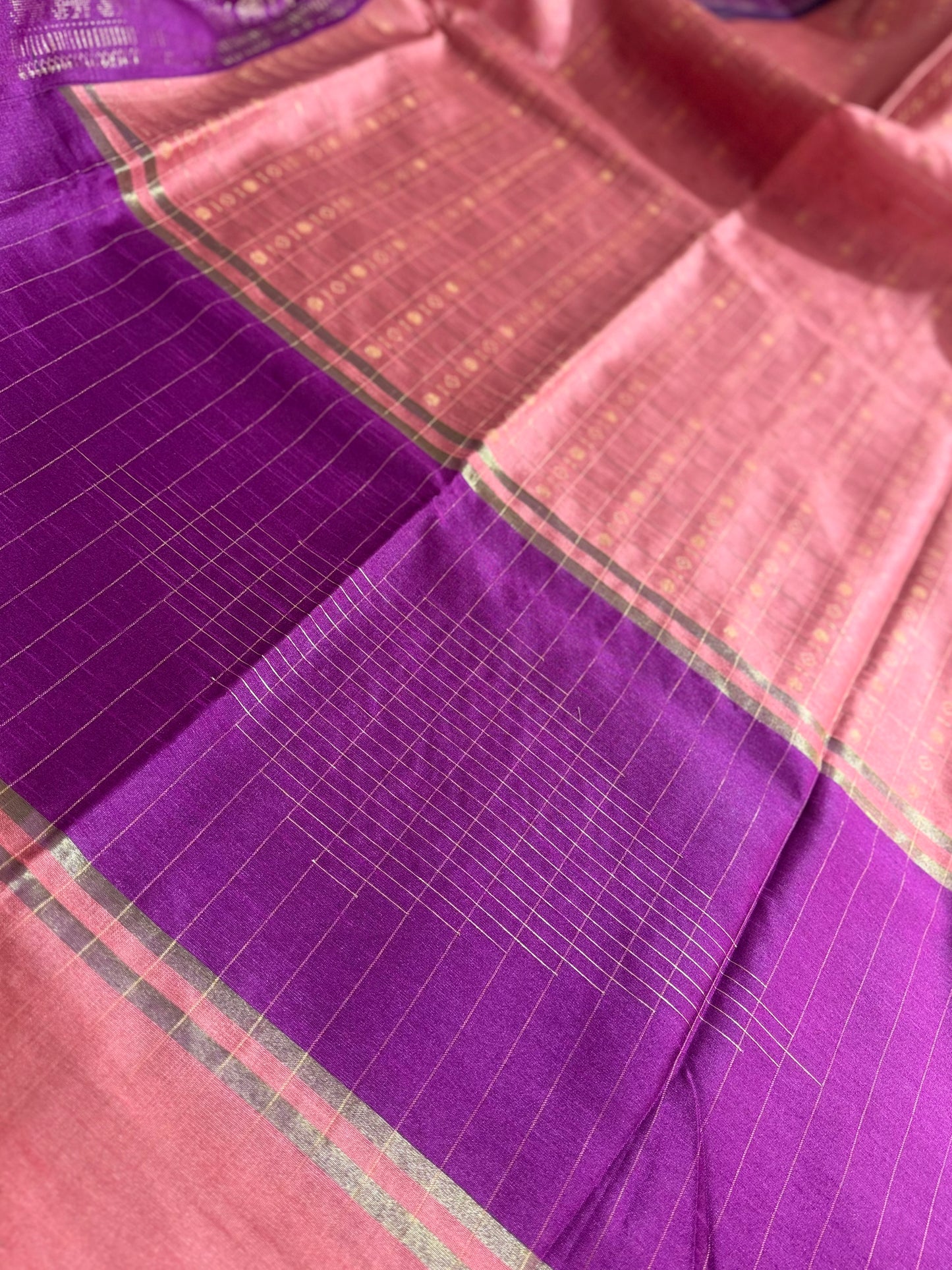 Pastel Peach & Purple Contrast Tussar Silk Saree