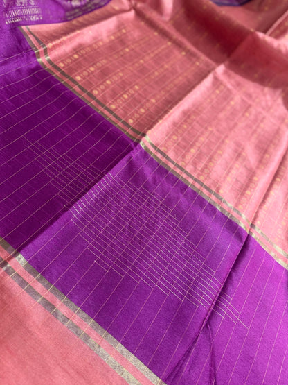 Pastel Peach & Purple Contrast Tussar Silk Saree