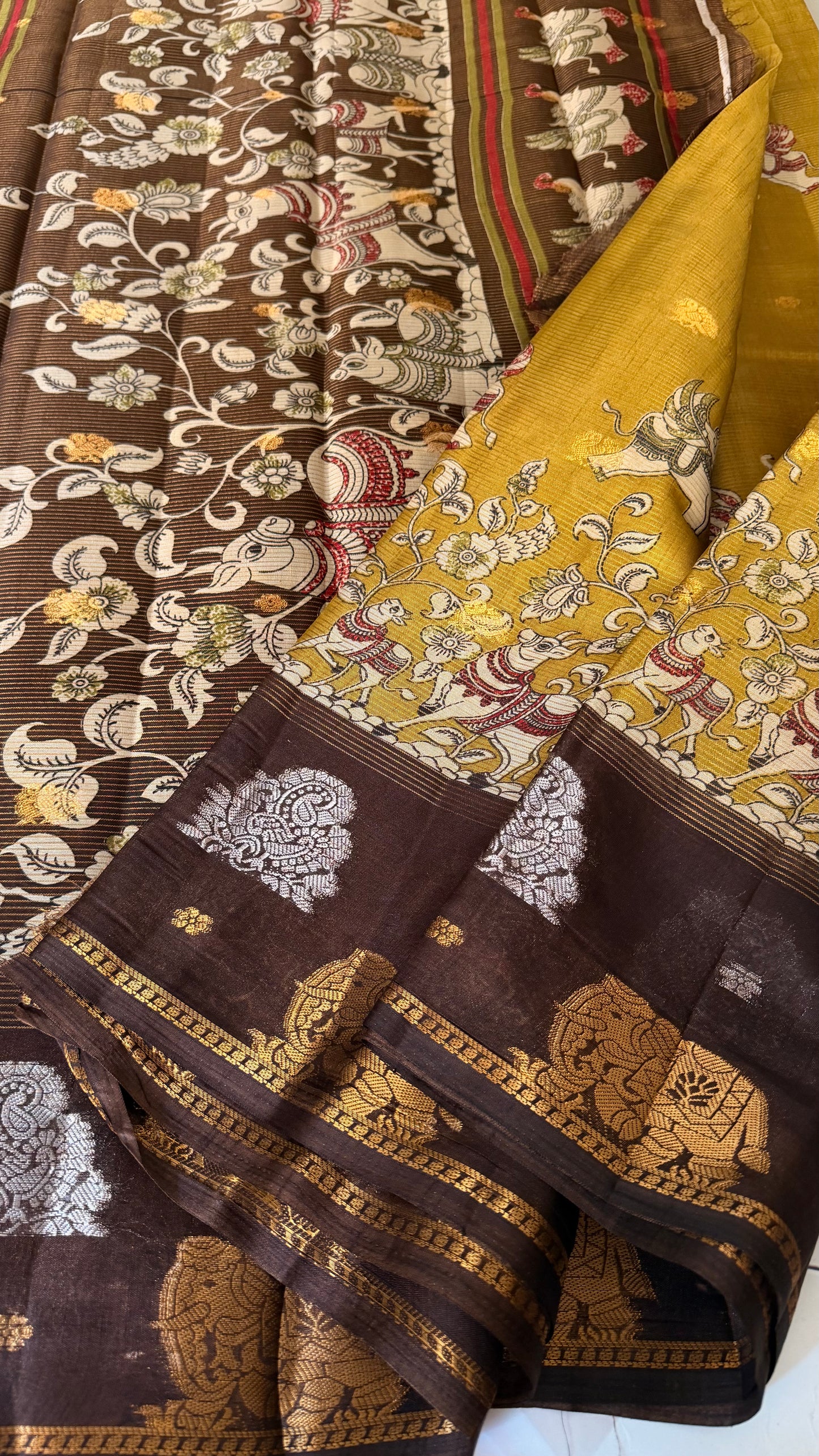 Aura of Artisans: Premium Lavender-Mustard Kalamkari Saree Collection