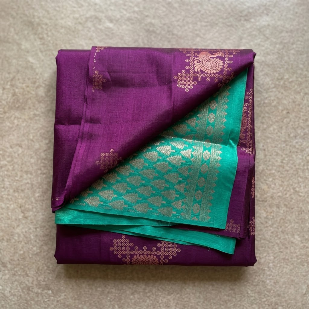 The Velvet Symphony: Wine & Teal Double-Shaded Silk Saree
