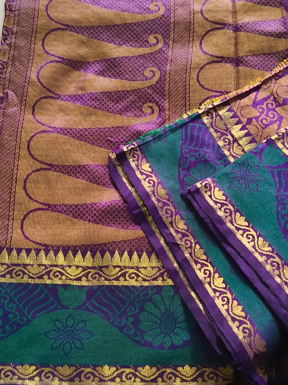 Luminous Dual-Tone Purple and Green Silk Cotton Woven Saree with Zari Motifs