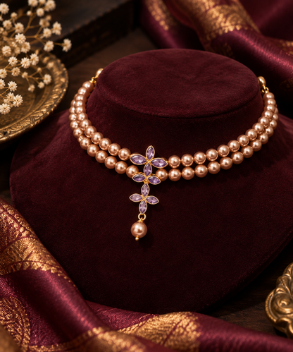 Amethyst Gemstone Pearl Choker Set | Double Strand Statement Necklace & Earrings | Hridha