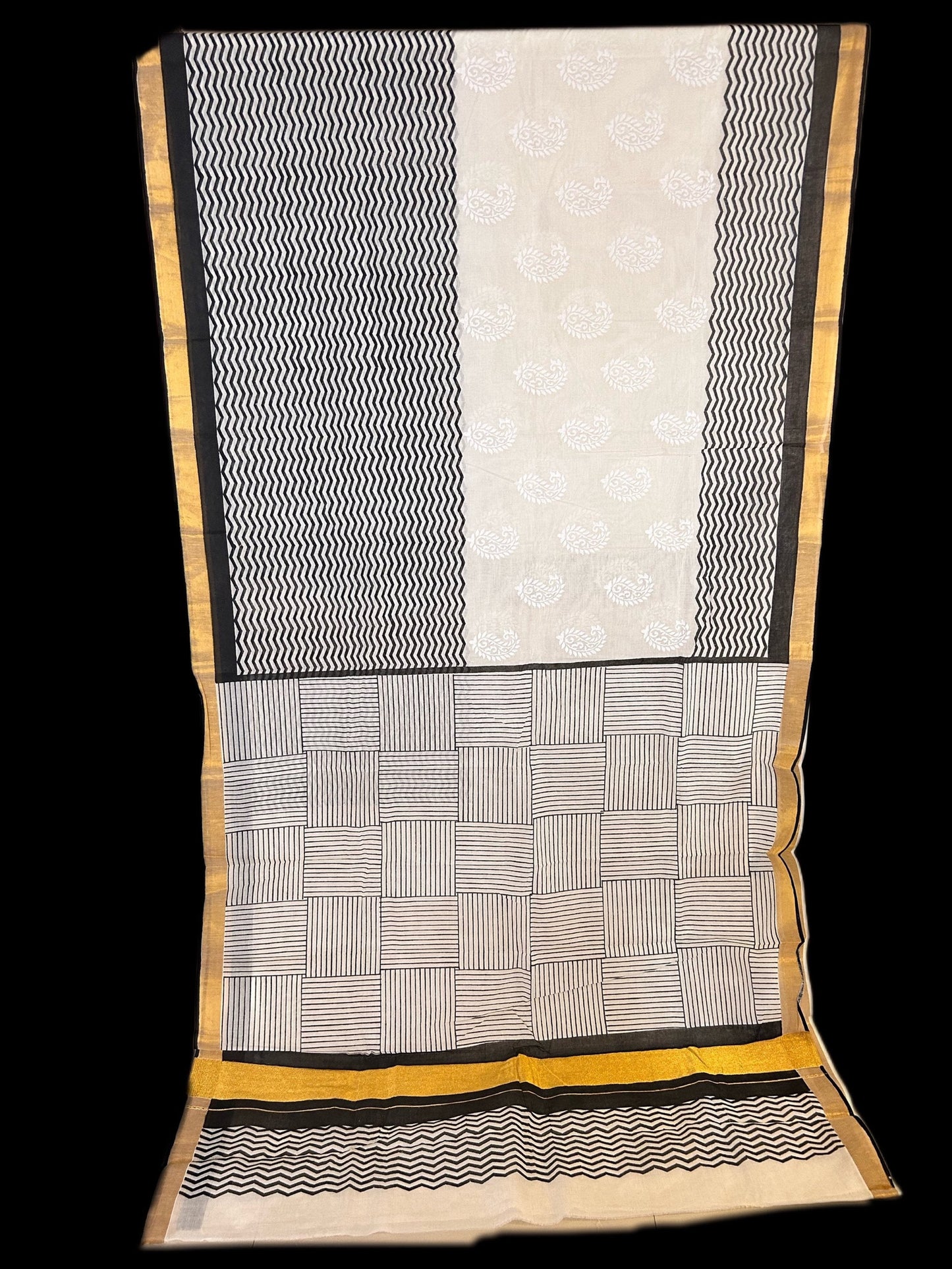 Black & white block print cotton saree