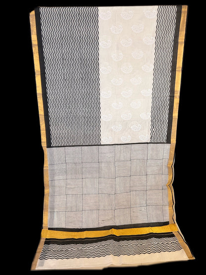 Black & white block print cotton saree