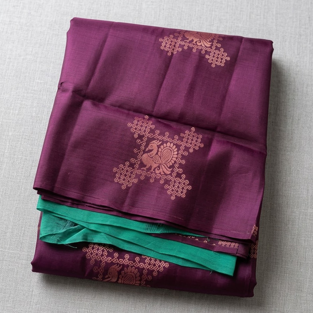 The Velvet Symphony: Wine & Teal Double-Shaded Silk Saree